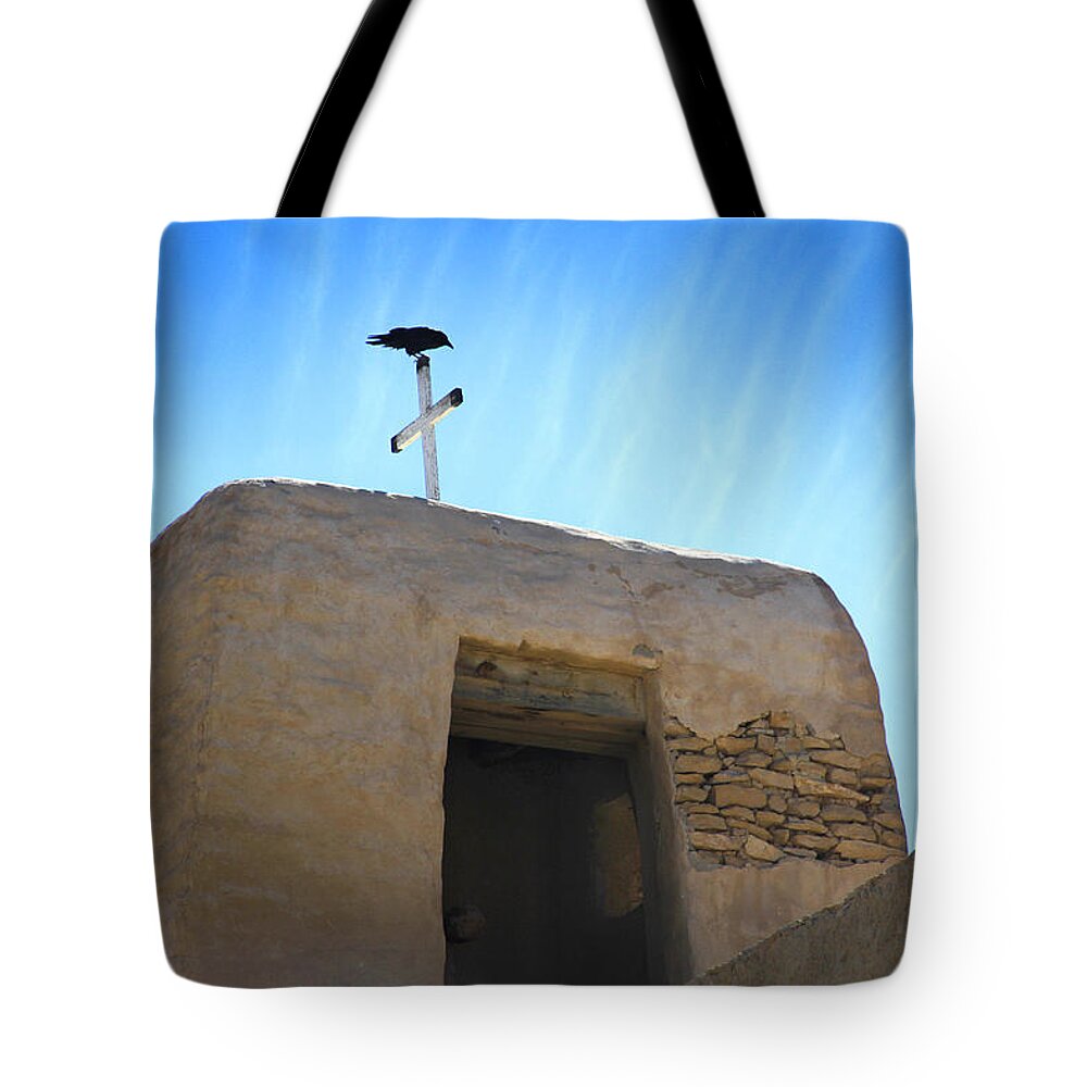 Acoma Pueblo Tote Bag featuring the photograph Black Bird on Duty by Mike McGlothlen