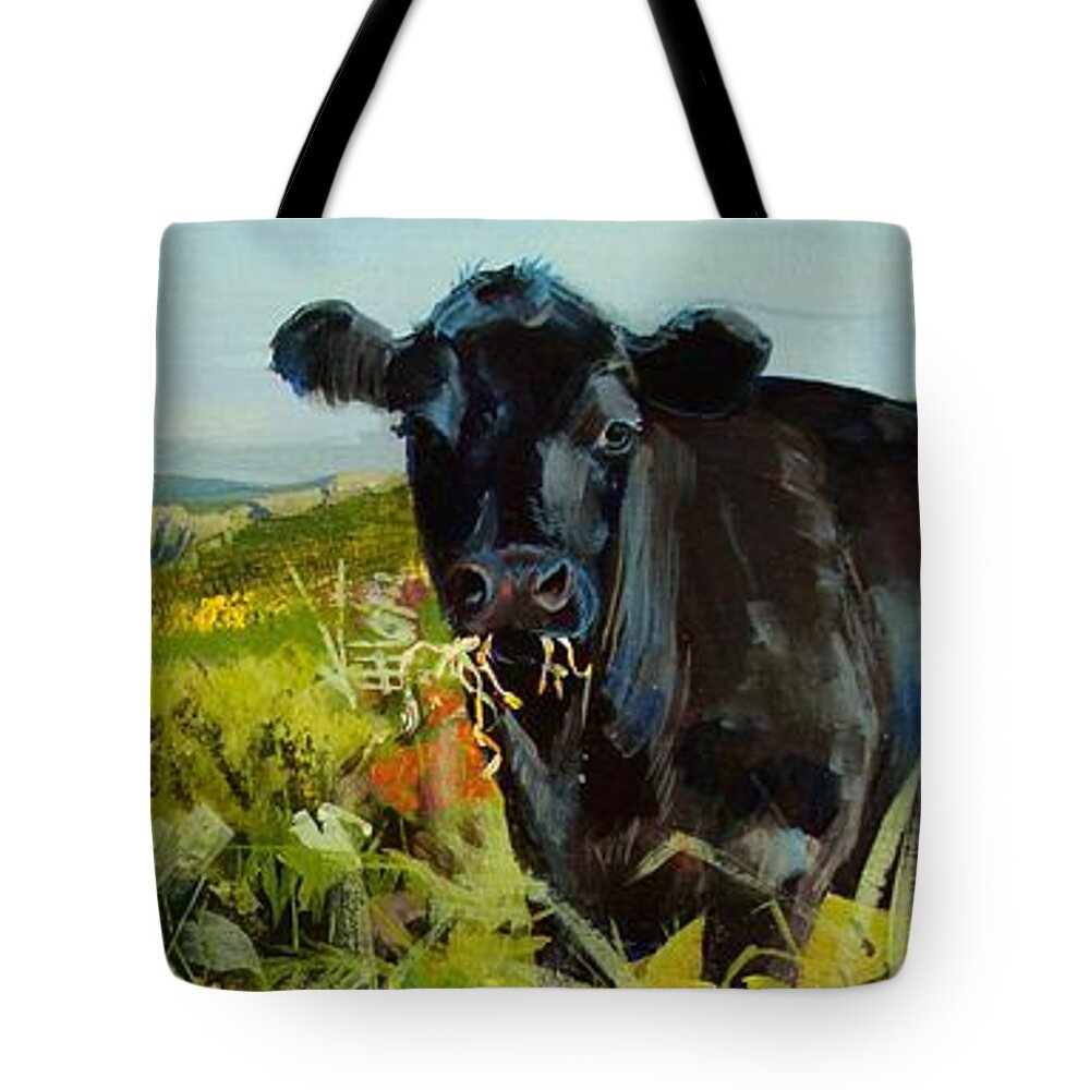 Dartmoor Tote Bag featuring the painting Black Cow Dartmoor by Mike Jory