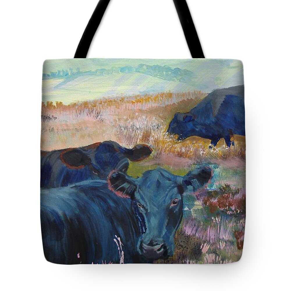 Cow Tote Bag featuring the painting Black Cows on Dartmoor by Mike Jory