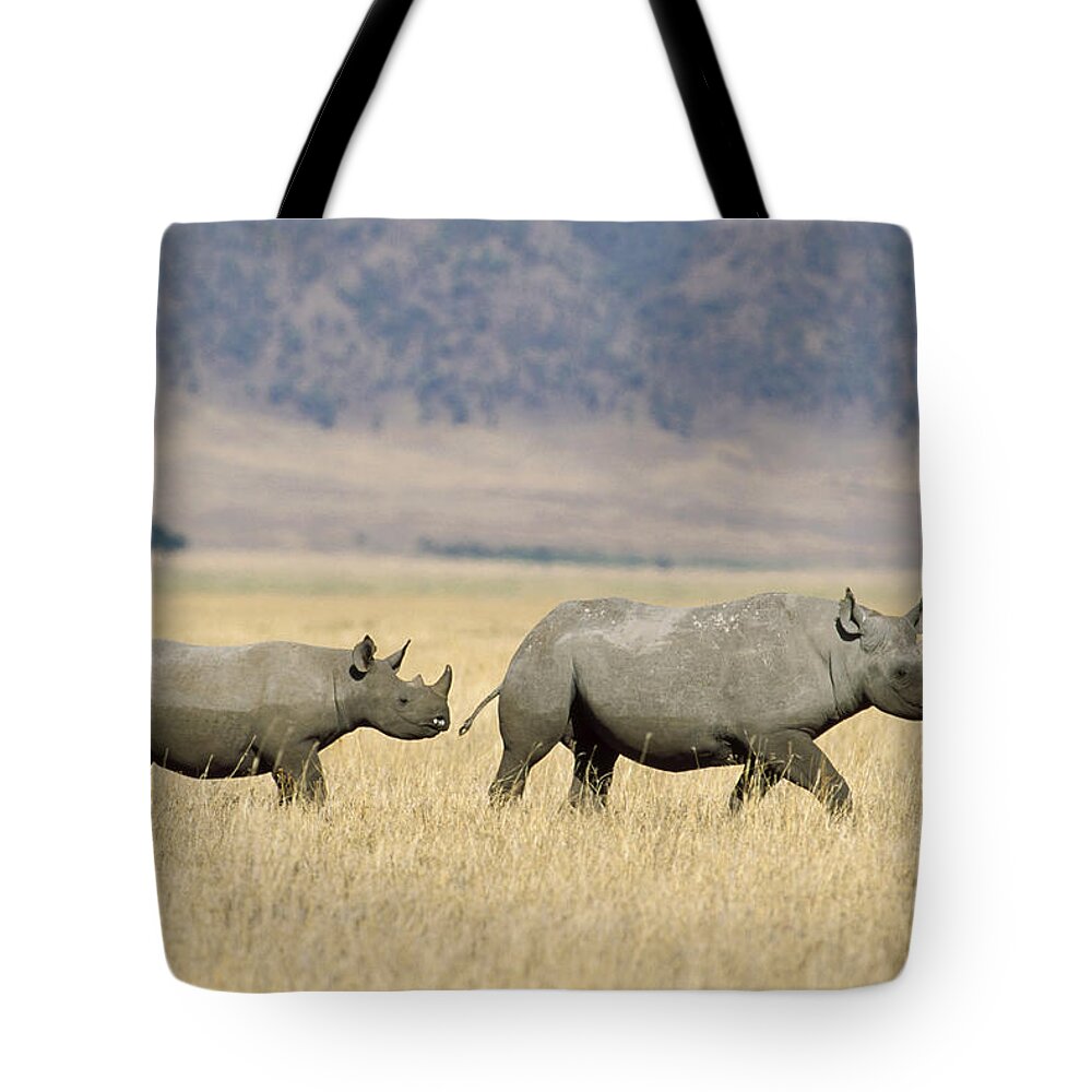 Feb0514 Tote Bag featuring the photograph Black Rhinoceros And Calf Ngorongoro by Konrad Wothe