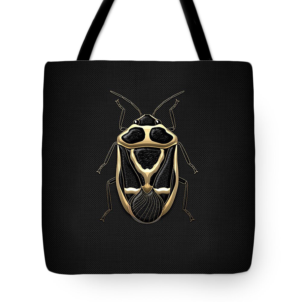 Beasts Creatures And Critters Collection By Serge Averbukh Tote Bag featuring the digital art Black Shieldbug with Gold Accents on Black Canvas by Serge Averbukh
