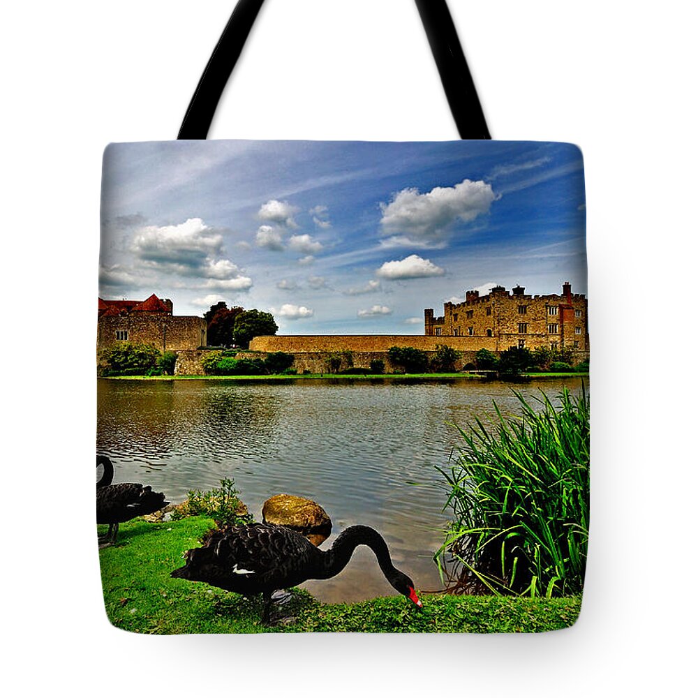 Leeds Castle Tote Bag featuring the photograph Black Swans at Leeds Castle II by Bel Menpes