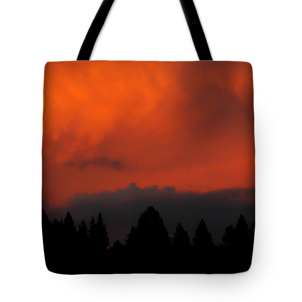 Fire Tote Bag featuring the photograph Blazing Sky by Donna Blackhall