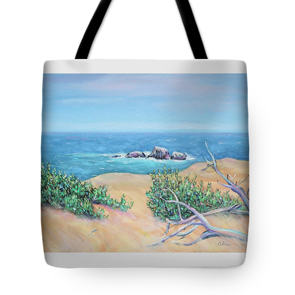 Seascape Painting Tote Bag featuring the painting Bleached Cedar and Ocean Rocks by Asha Carolyn Young