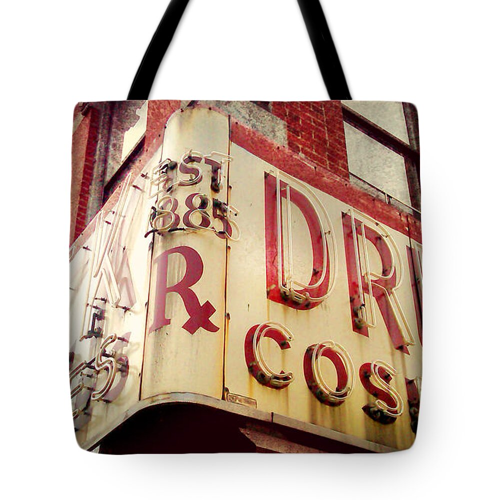 New York City Tote Bag featuring the photograph Block Drug Store 1885 by Beth Ferris Sale