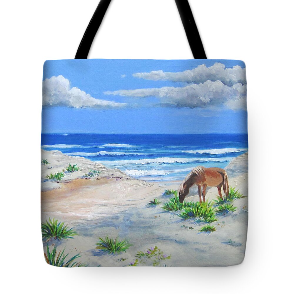 Horse Tote Bag featuring the painting Blonde On The Beach by Anne Marie Brown
