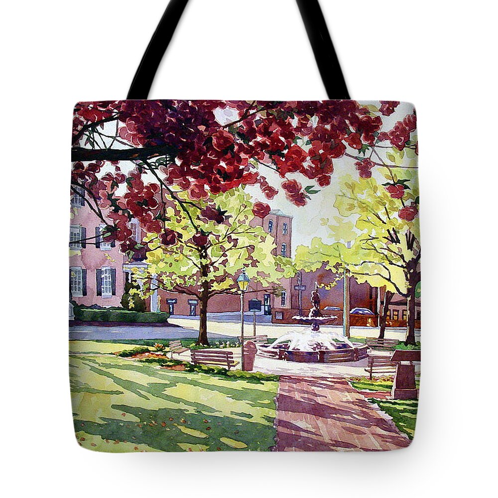 Spring Tote Bag featuring the painting Blossoms over the Fountain by Mick Williams