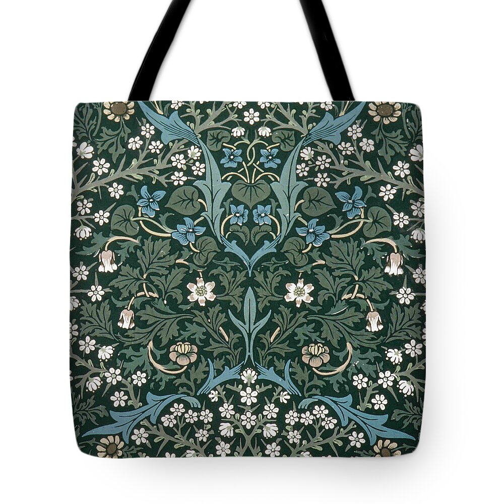 William Tote Bag featuring the digital art Blue and White Flowers on Green by Philip Ralley