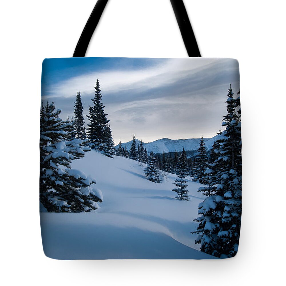 Colorado Tote Bag featuring the photograph Blue and White Winter by Cascade Colors