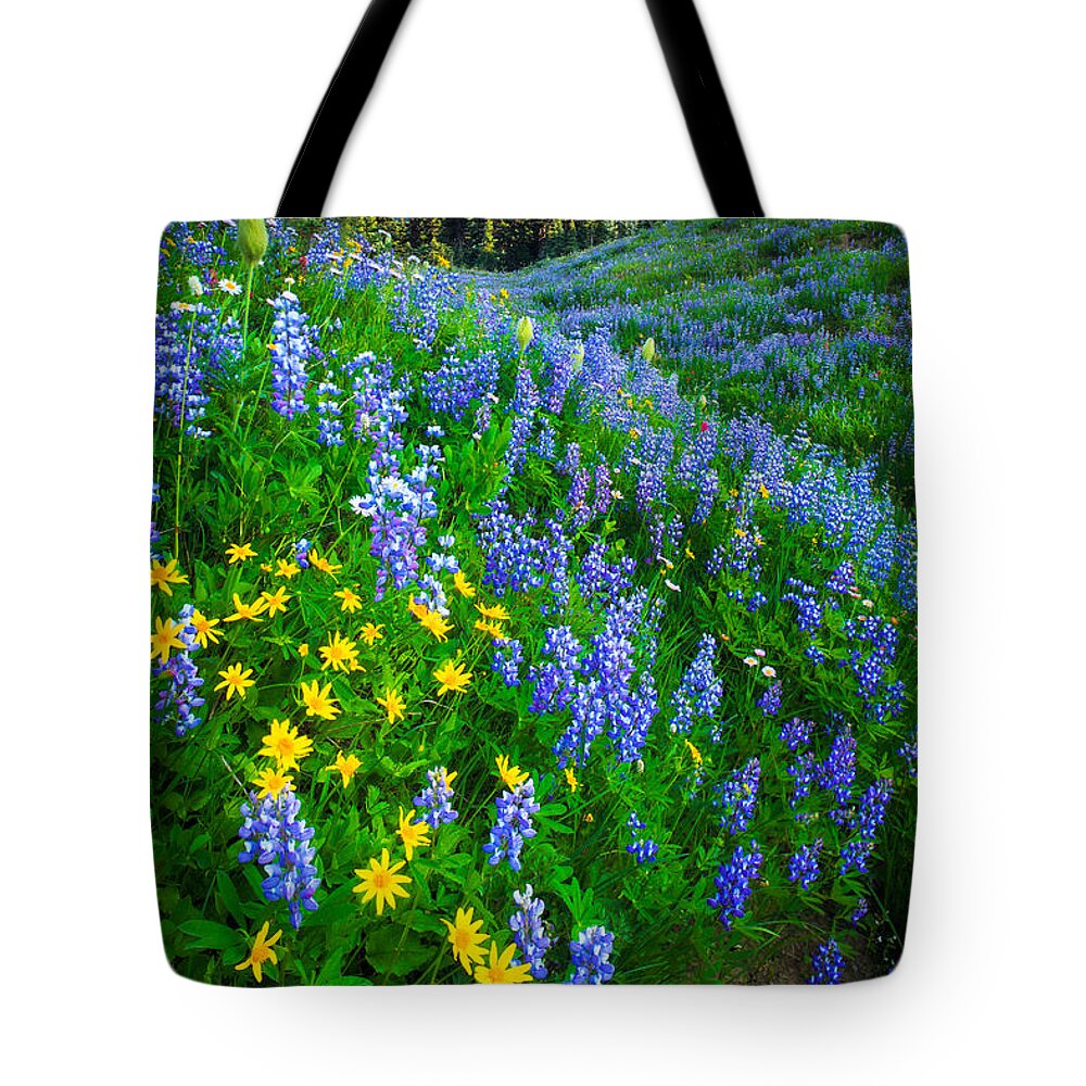 America Tote Bag featuring the photograph Blue and Yellow Hillside by Inge Johnsson