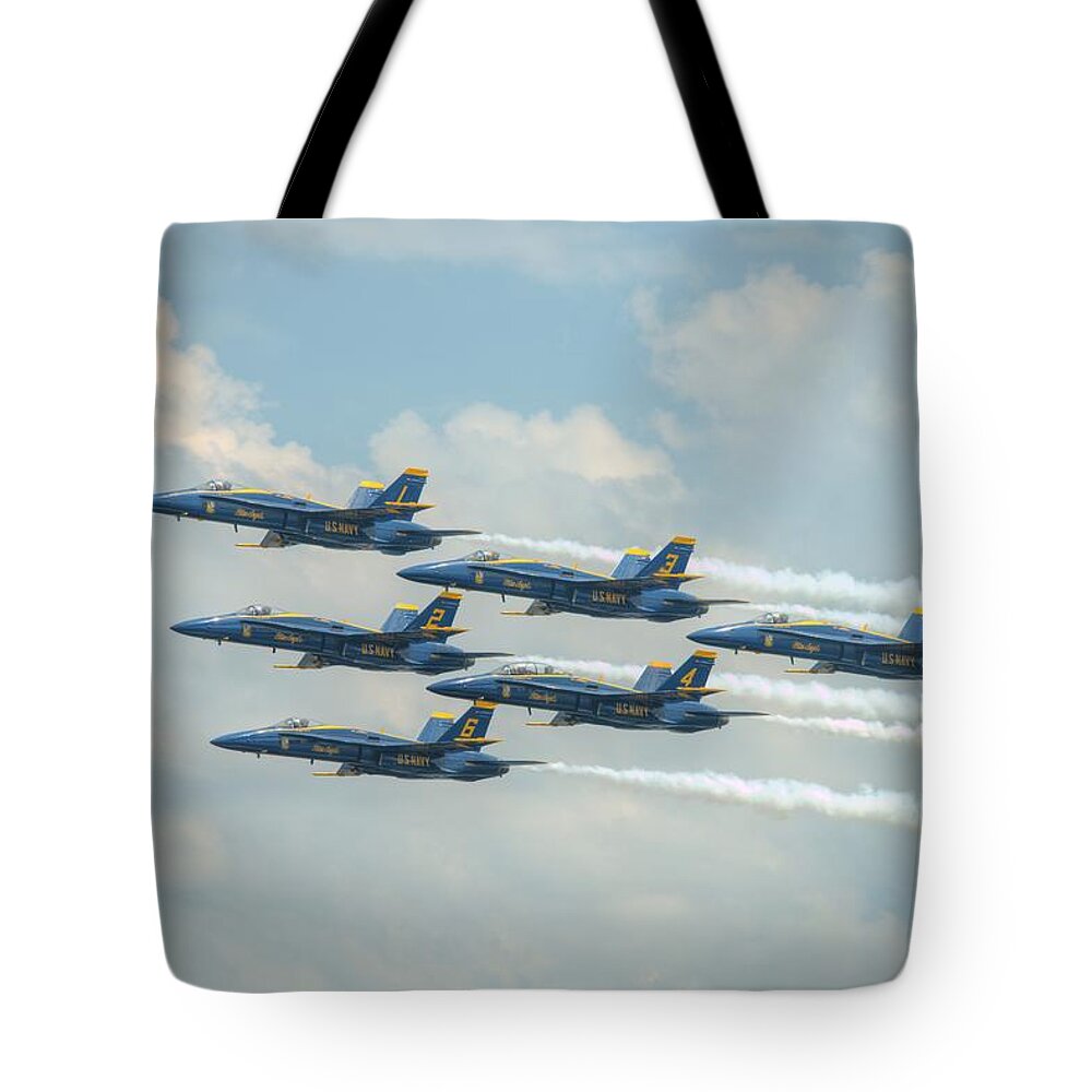 Blue Angels Tote Bag featuring the photograph Blue Angels Delta Pass by Jeff Cook