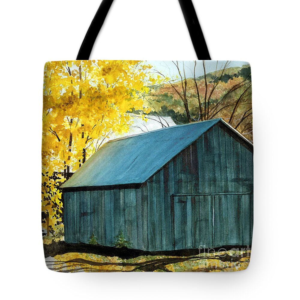 Blue Barn Tote Bag featuring the painting Blue Barn by Barbara Jewell