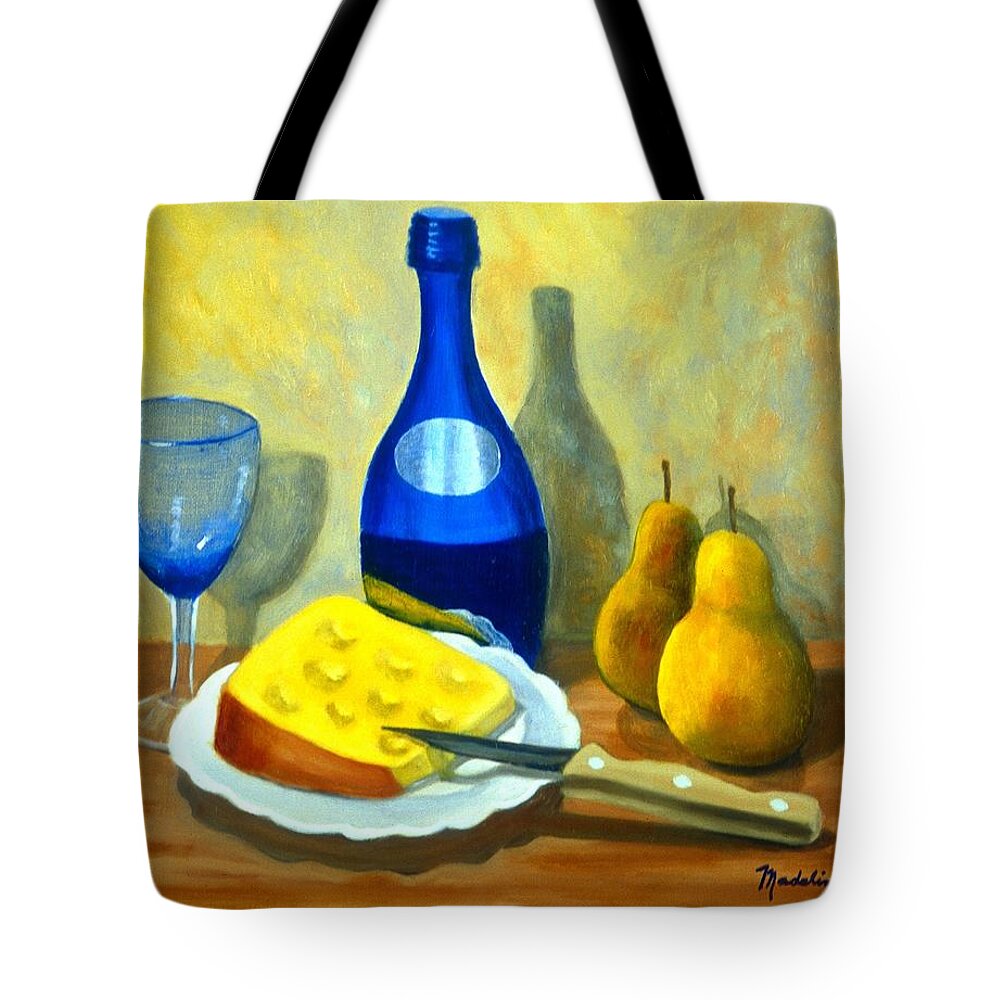 Blue Bottle Tote Bag featuring the painting Blue Bottle with Cheese and Pears by Madeline Lovallo