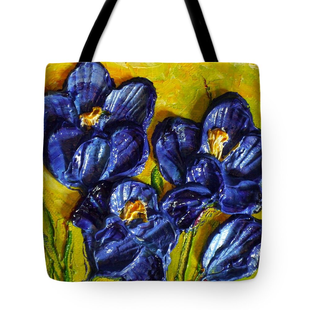 Blue Tote Bag featuring the painting Blue Crocuses by Paris Wyatt Llanso