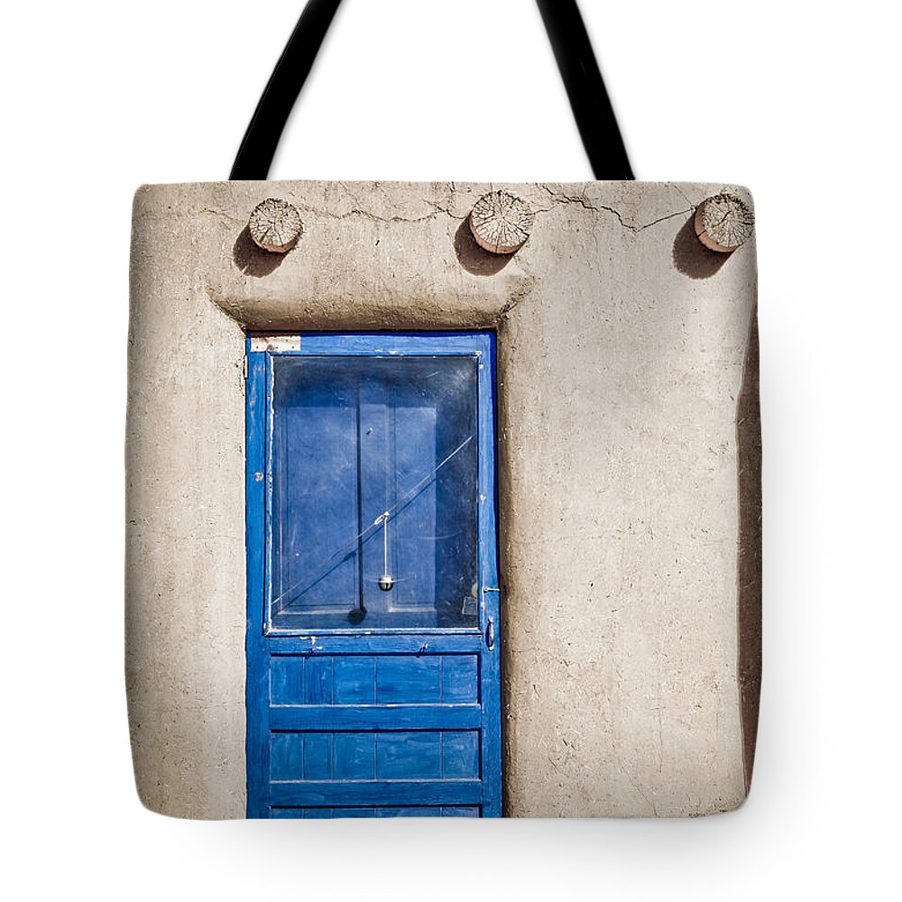 New Mexico Tote Bag featuring the photograph Blue Door and Bell Adobe by Marilyn Hunt