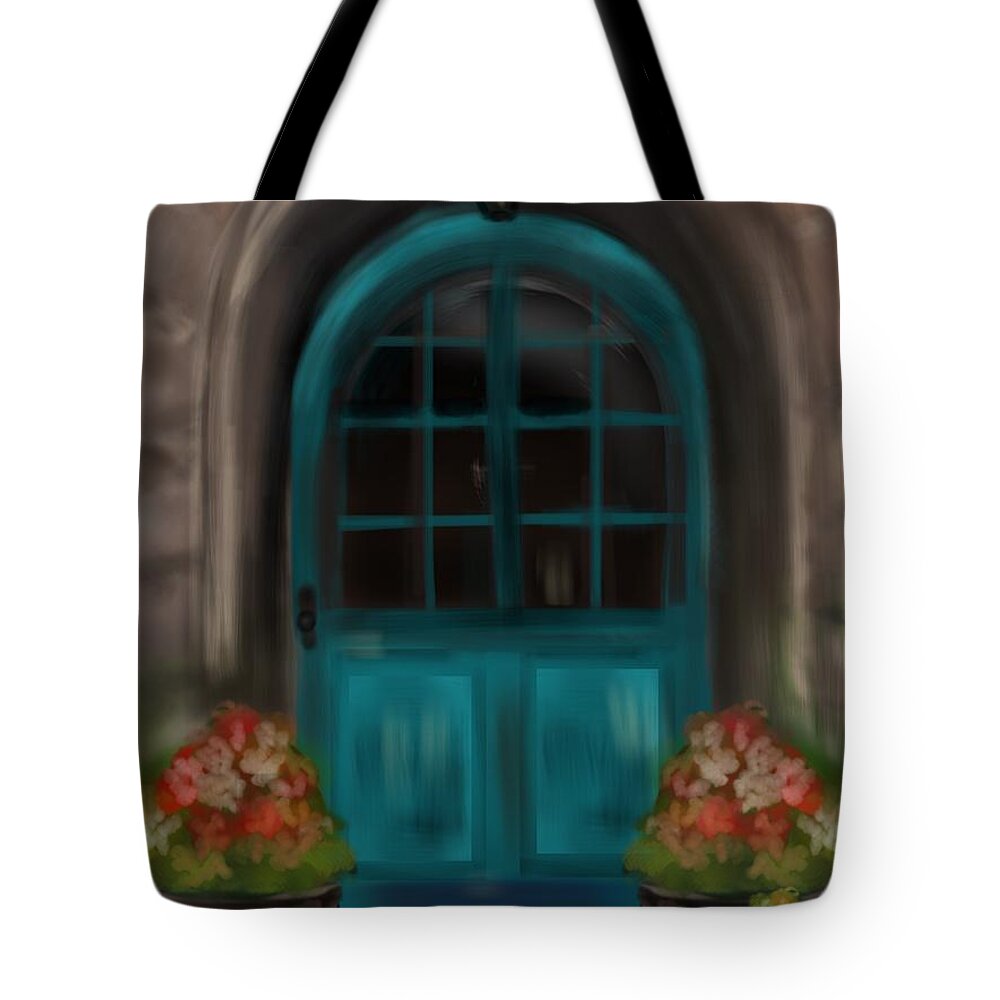 Old World Tote Bag featuring the Blue Door by Christine Fournier
