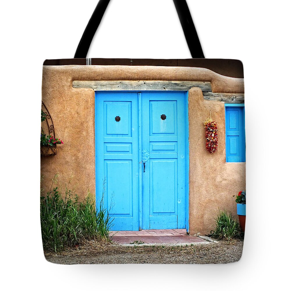 Lucinda Walter Tote Bag featuring the photograph Blue Doors of Taos by Lucinda Walter