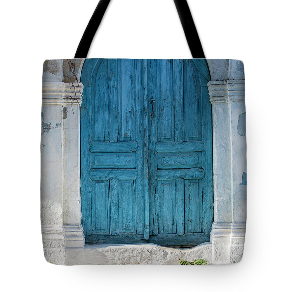 Tranquility Tote Bag featuring the photograph Blue Doorway Margarites, Crete, Greece by Tim E White
