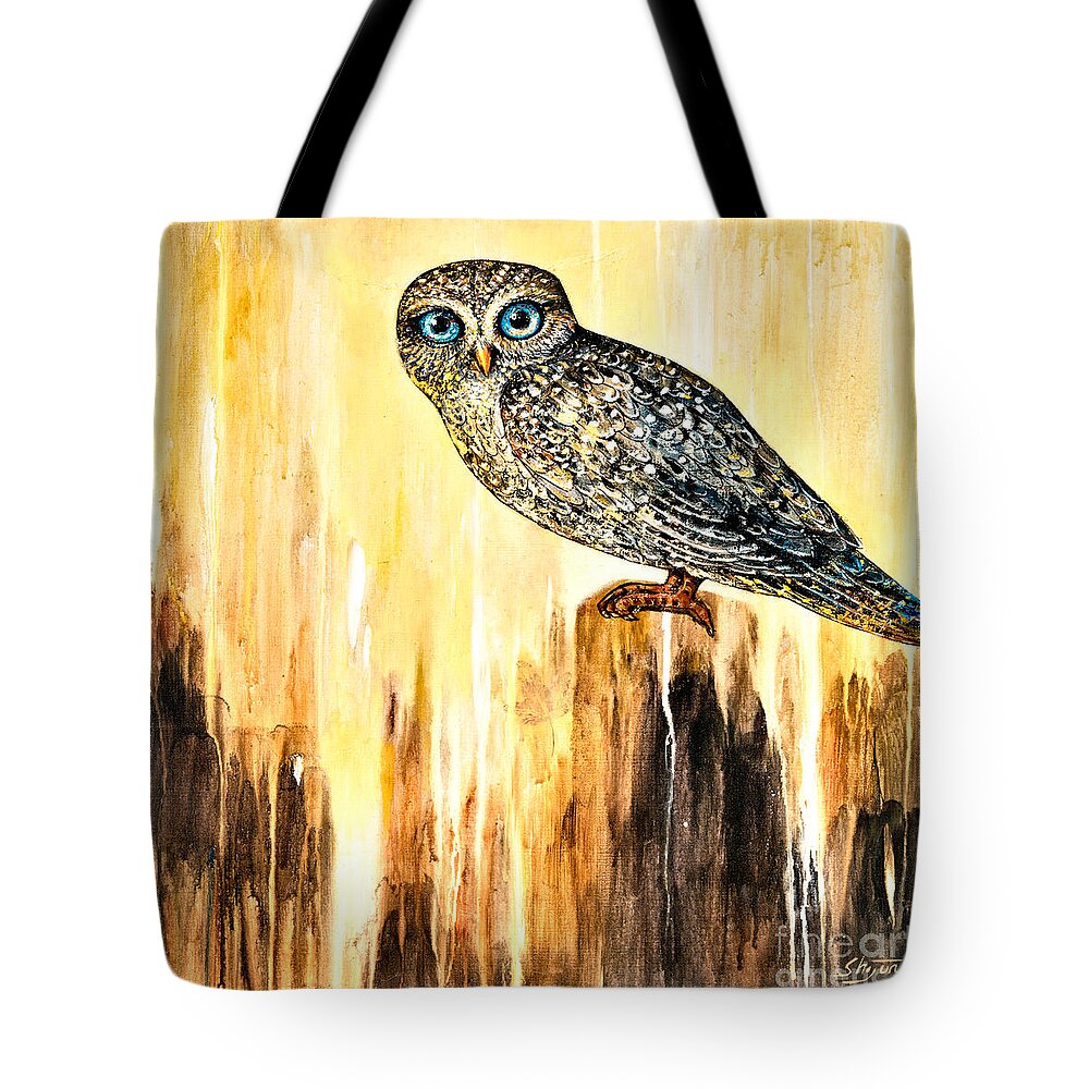 Owl Tote Bag featuring the painting Blue Eyed Owl by Shijun Munns