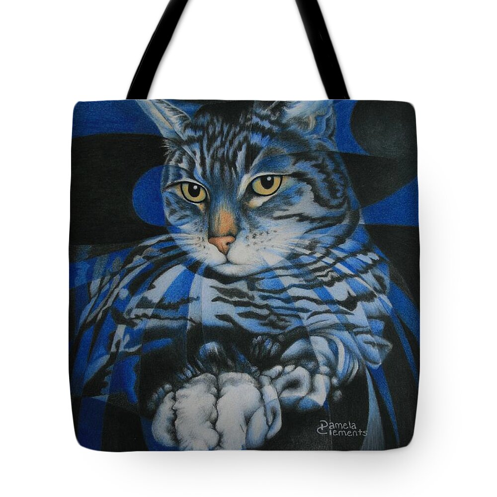 Cat Tote Bag featuring the painting Blue Feline Geometry by Pamela Clements