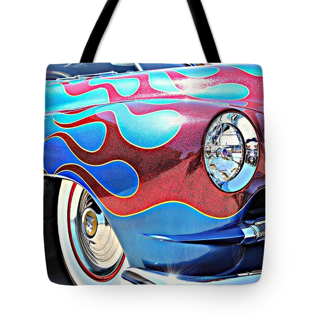 Kustom Tote Bag featuring the photograph Blue Flamed Merc by Steve Natale