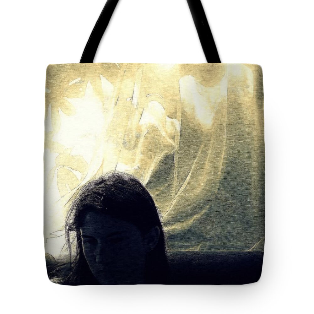 Girl Tote Bag featuring the photograph Blue Girl with Curtain by Marysue Ryan
