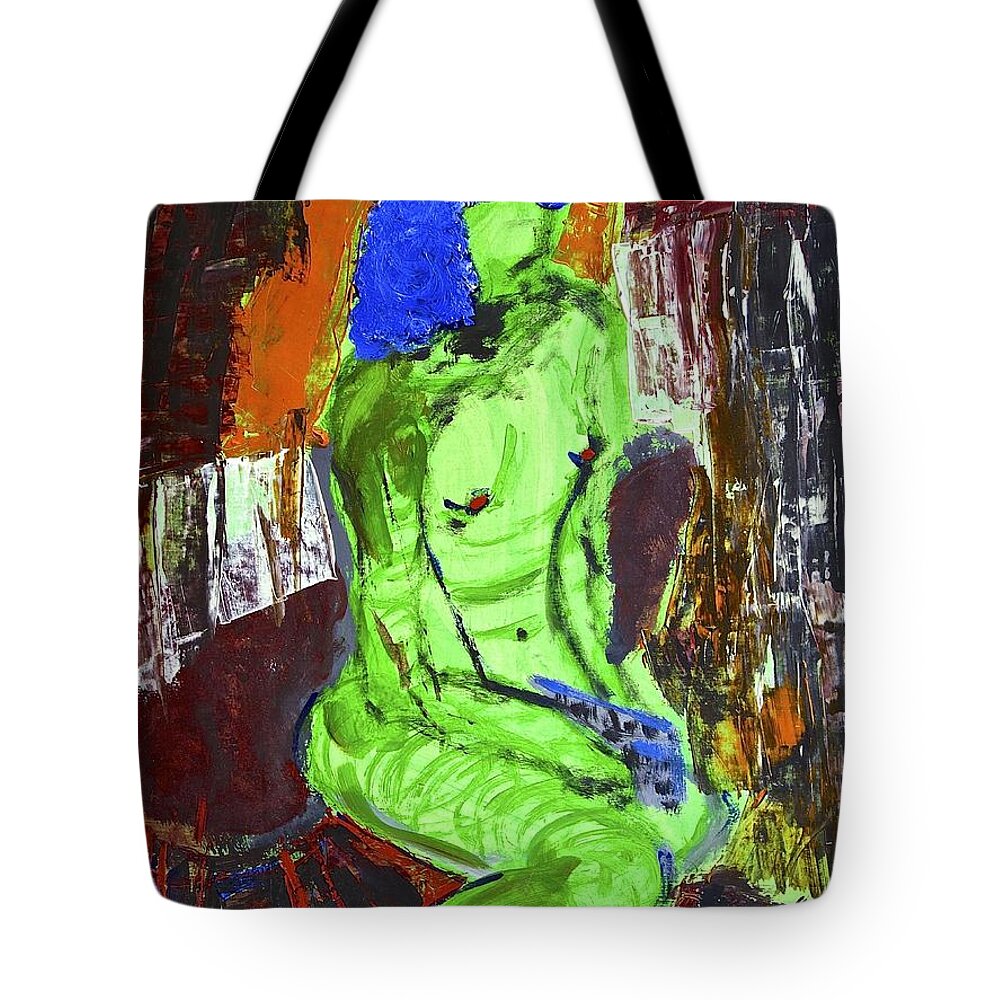 Nude Female Tote Bag featuring the painting Blue Haired Nude by Joan Reese