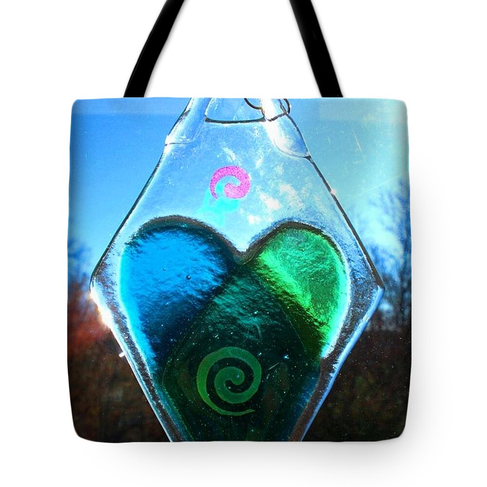 Fused Glass Tote Bag featuring the glass art Blue Heart by Marian Berg