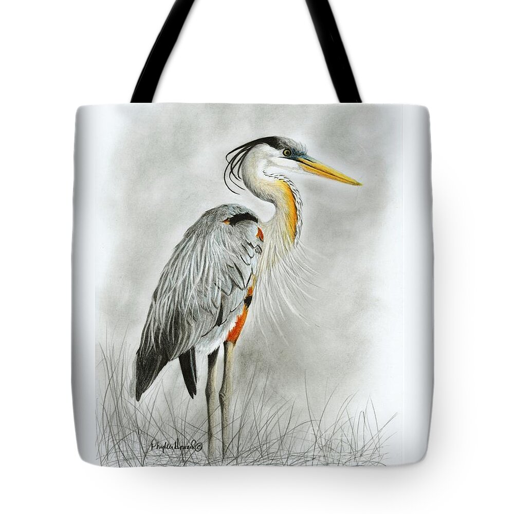 Heron Tote Bag featuring the drawing Blue Heron 3 by Phyllis Howard