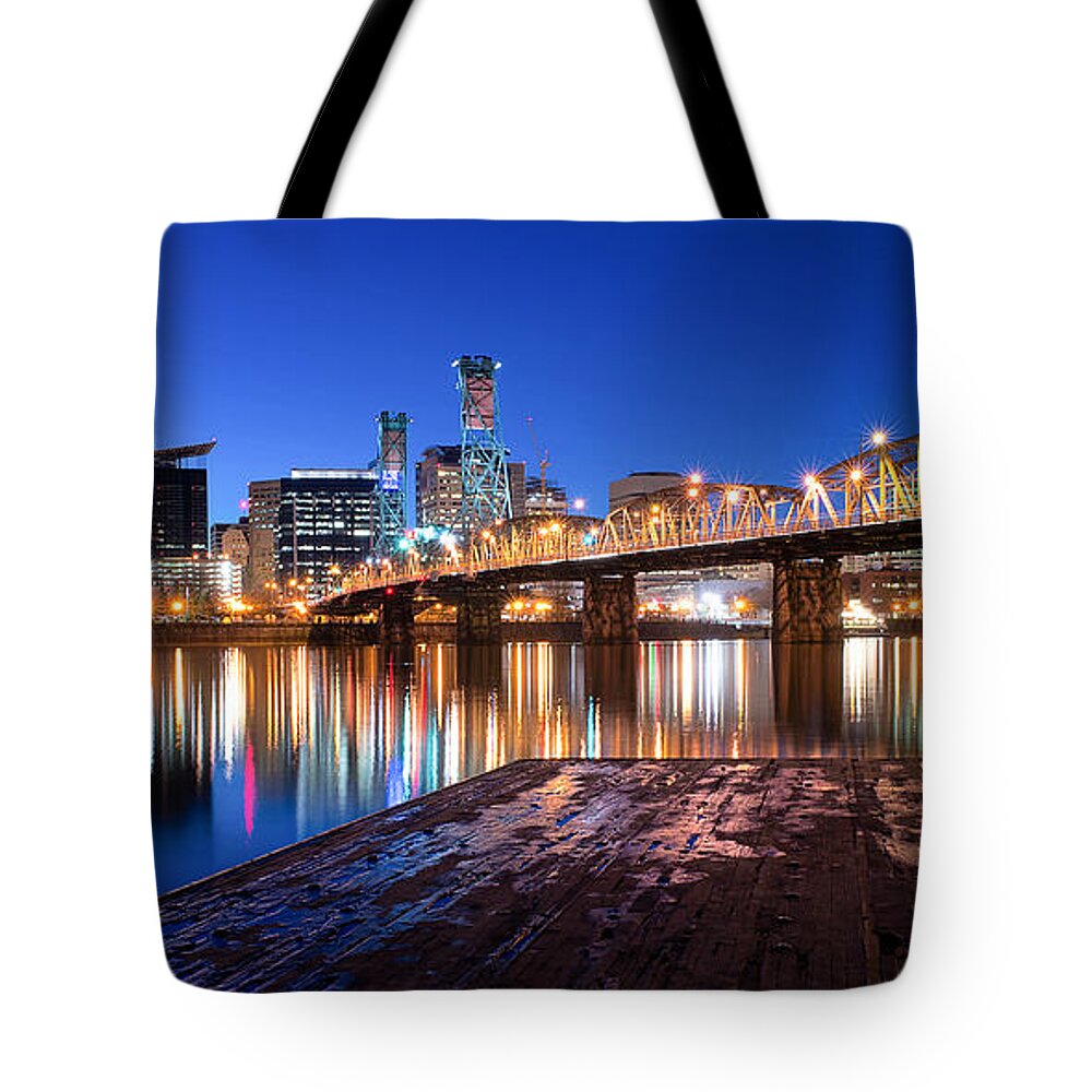 Portland Oregon Downtown Waterfront Hawthorne Bridge Dock Willamette River Dock Water Reflection Long Exposure Clear Skies Cloudless Dusk Blue Hour Evening Winter 2015 February Horizontal Cityscape Panorama Pano Tote Bag featuring the photograph Blue Hour by Patrick Campbell