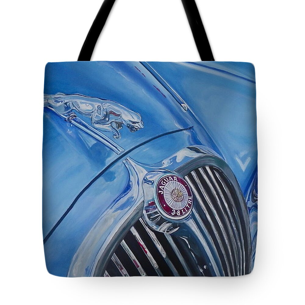 Blue Tote Bag featuring the painting Vintage Blue Jag by Anna Ruzsan