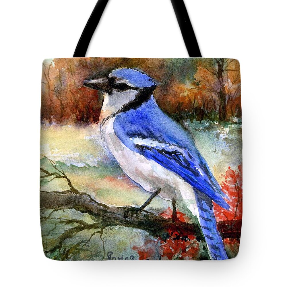 Bird Tote Bag featuring the painting Blue Jay in Autumn by Virginia Potter