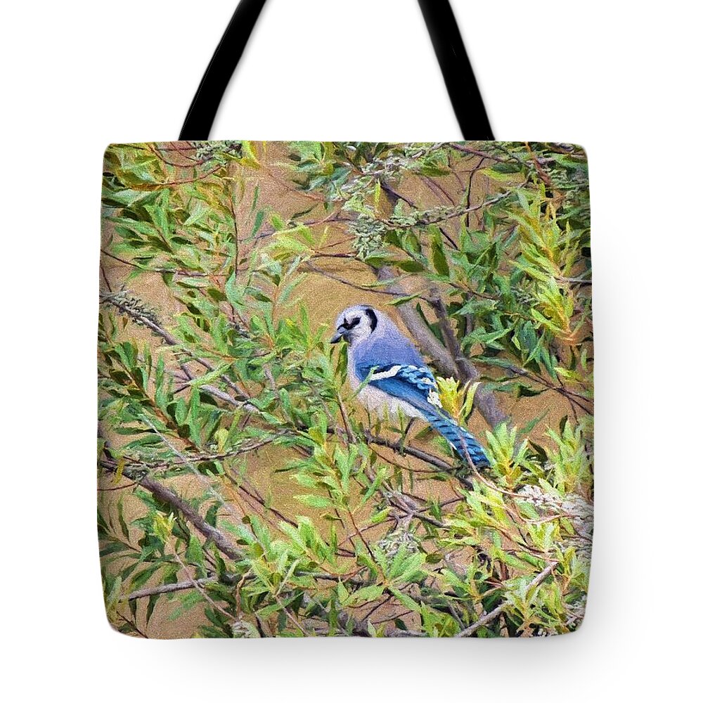Blue Jay Tote Bag featuring the photograph Blue Jay on Southern Wax Myrtle by Jayne Wilson