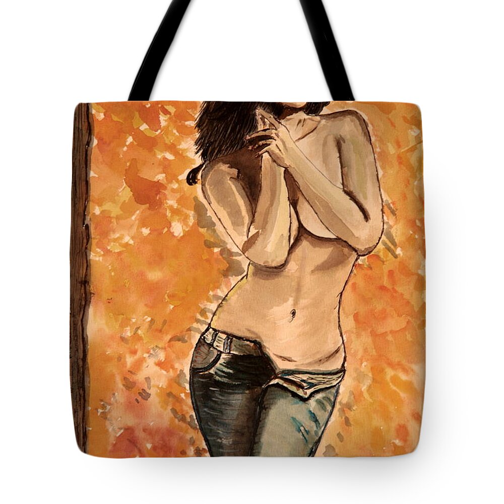 Nude Framed Prints Tote Bag featuring the painting Blue Jeans Passion by Shlomo Zangilevitch