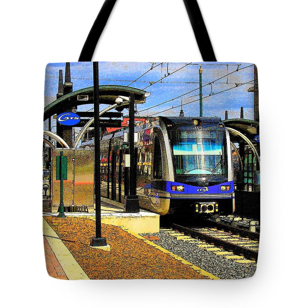 Light Rail Tote Bag featuring the photograph Blue Line by Rodney Lee Williams