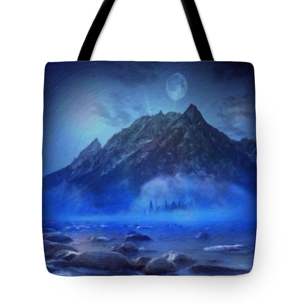 blue Mist Rising Tote Bag featuring the digital art Blue Mist Rising by Mark Taylor