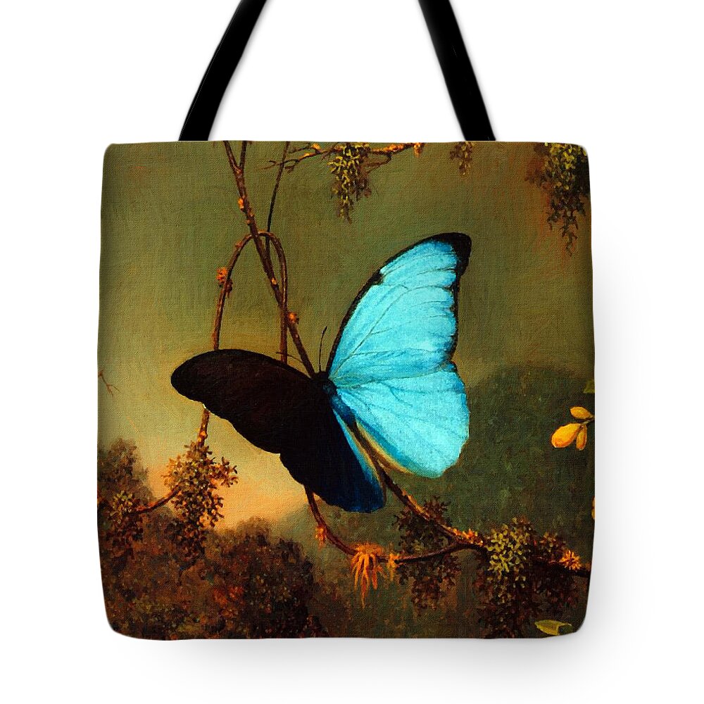 Martin Johnson Heade Tote Bag featuring the painting Blue Morpho Butterfly by Martin Johnson Heade