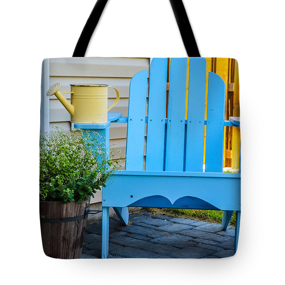 Adirondack Chair Tote Bag featuring the photograph Blue Repose by Mary Hahn Ward