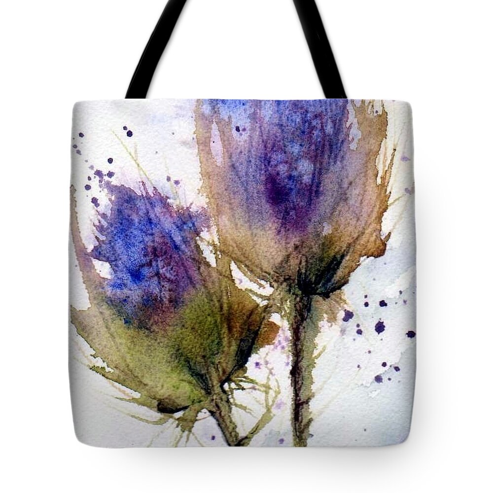 Watercolor Tote Bag featuring the painting Blue Thistle by Anne Duke