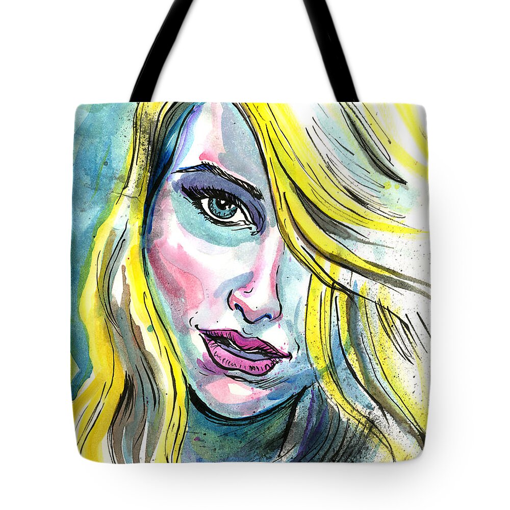 Woman Tote Bag featuring the mixed media Blue Water Blonde by John Ashton Golden