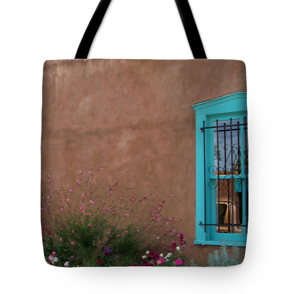 Santa Fe Tote Bag featuring the photograph Blue Window by Sylvia Thornton