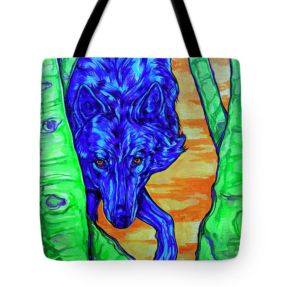 Wolf Tote Bag featuring the painting Blue Wolf by Derrick Higgins
