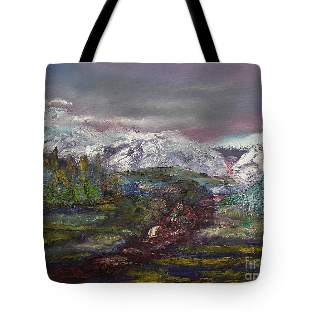 Winter Scene Of Mountains Tote Bag featuring the painting Blurred Mountain by Jan Dappen