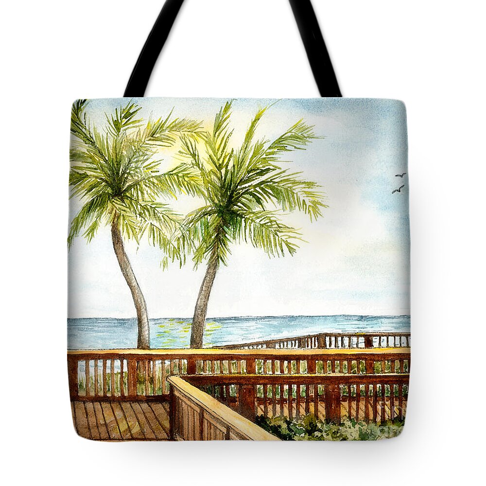 Deerfield Beach Tote Bag featuring the painting Boardwalk With Two Palms by Janis Lee Colon