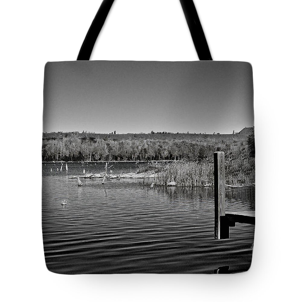 Black And White Photography Tote Bag featuring the photograph Boat Dock Black and White by Gwen Gibson