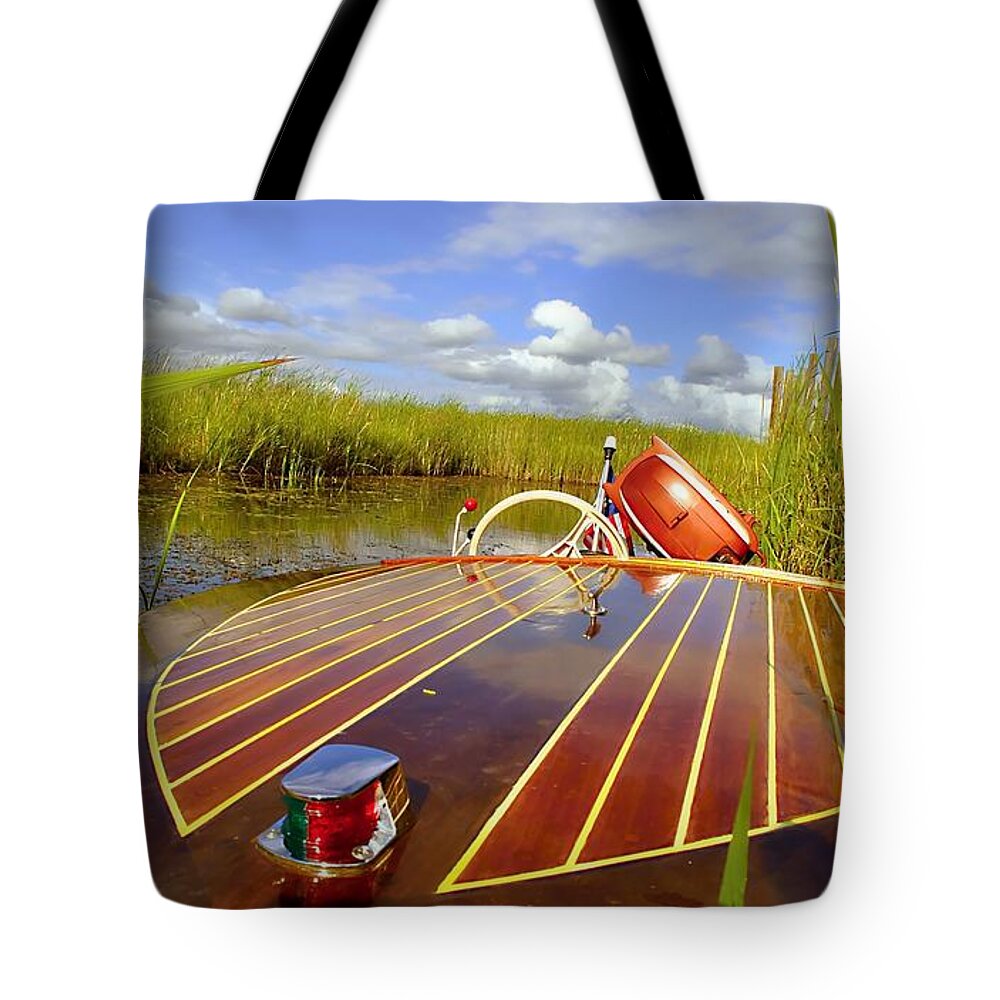 Classic Wooden Boat Tote Bag featuring the photograph Les Cheneaux classic wooden boat by Marysue Ryan
