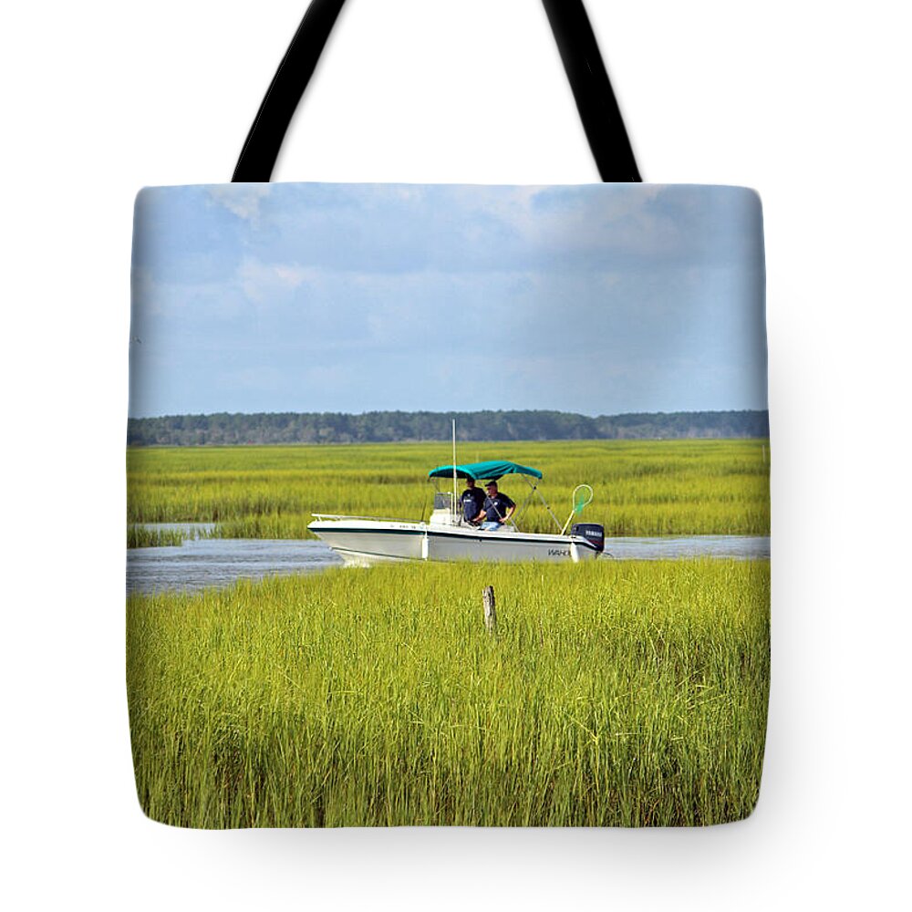 Murrells Inlet Tote Bag featuring the photograph Boat Ride In The Marsh by Cynthia Guinn
