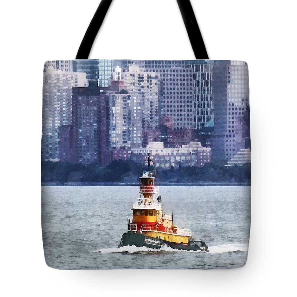 Boat Tote Bag featuring the photograph Boat - Tugboat By Manhattan Skyline by Susan Savad