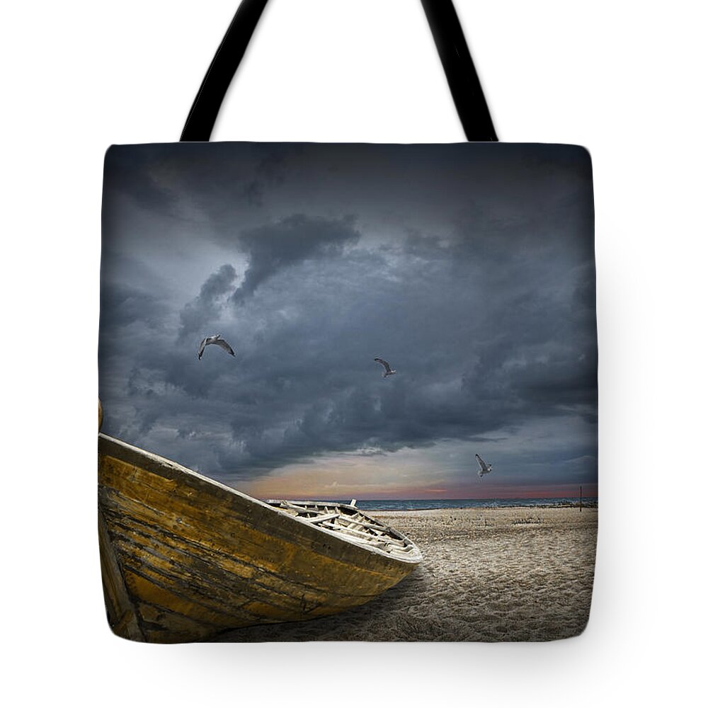 Art Tote Bag featuring the photograph Boat with gulls on the beach with oncoming storm by Randall Nyhof