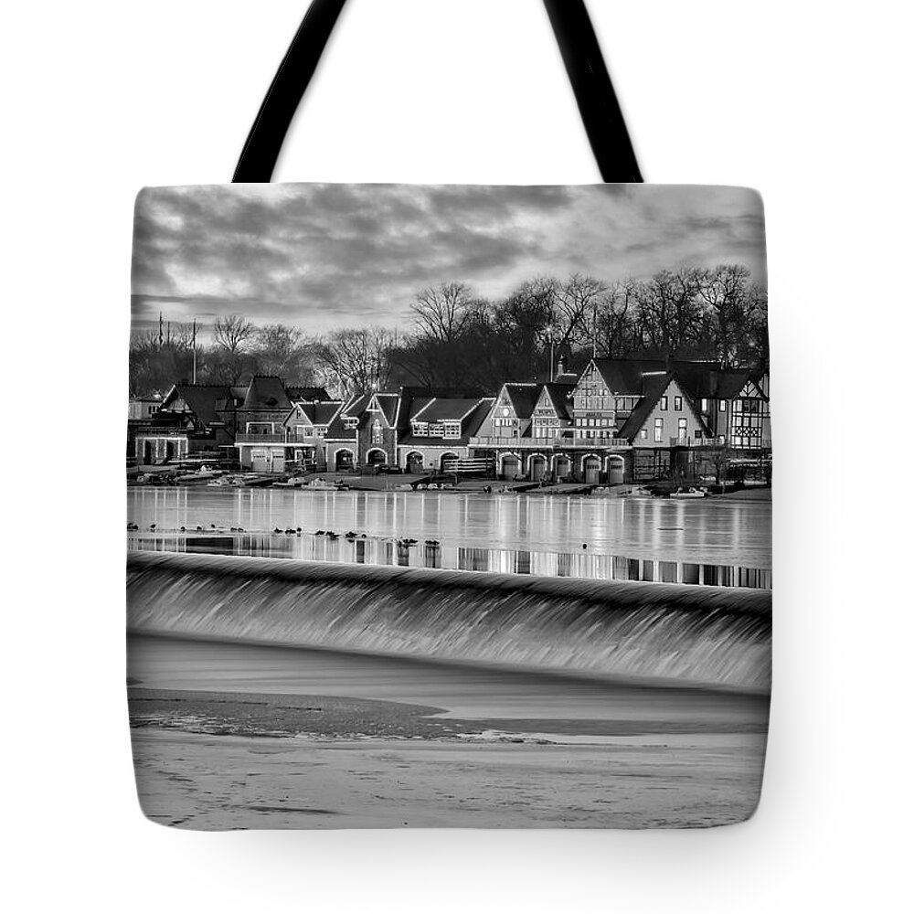 Boat House Row Tote Bag featuring the photograph Boathouse Row Philadelphia PA BW by Susan Candelario